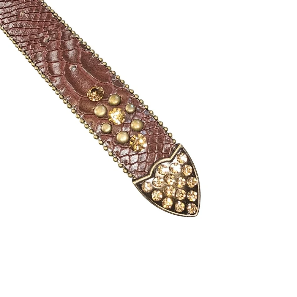 Western Brown Snakeskin Leather Rhinestone Horseshoe Belt Gold Studded CB1006